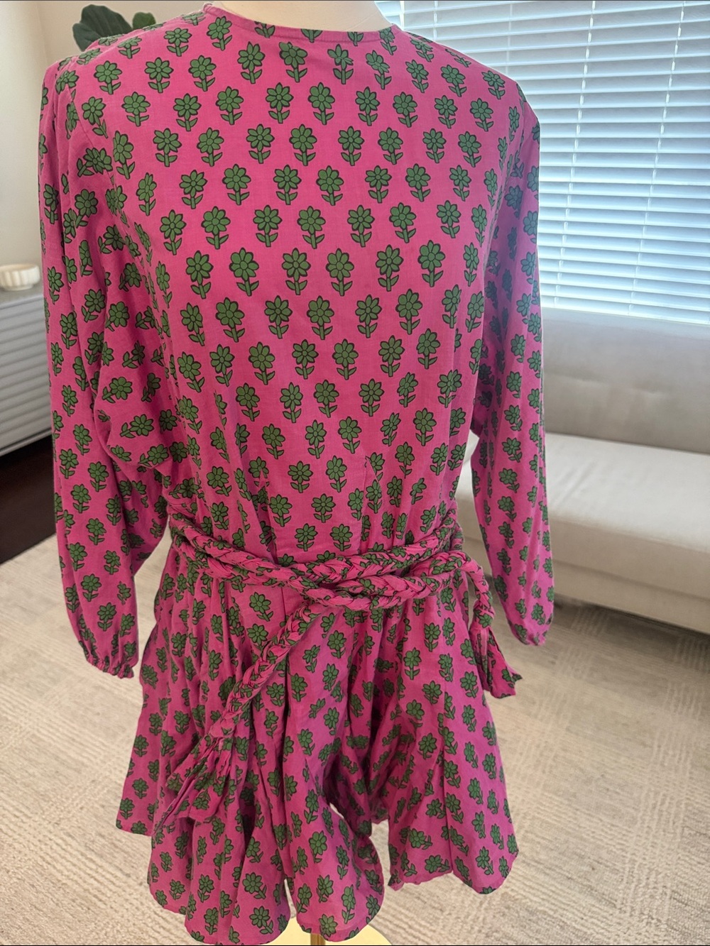 RHODE Pink Mini Dress with Green Motif and Braided Waist - Picture 2 of 3